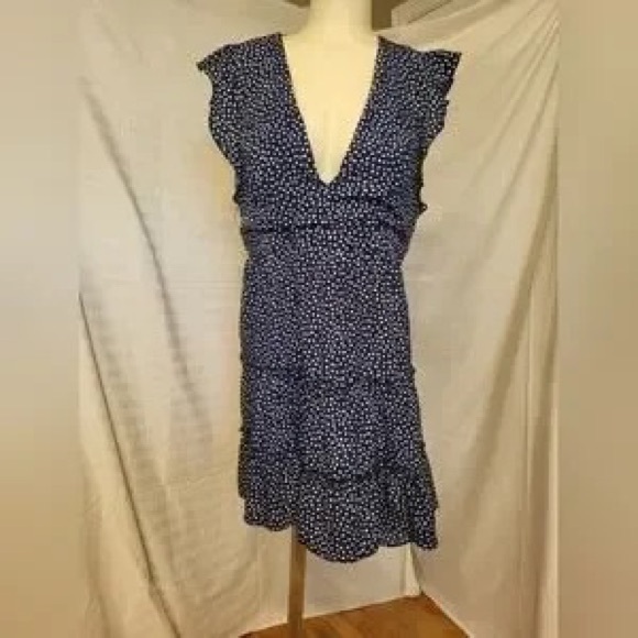 Dresses & Skirts - Women's Navy Blue Polka Dot Ruffle V-Neck Dress